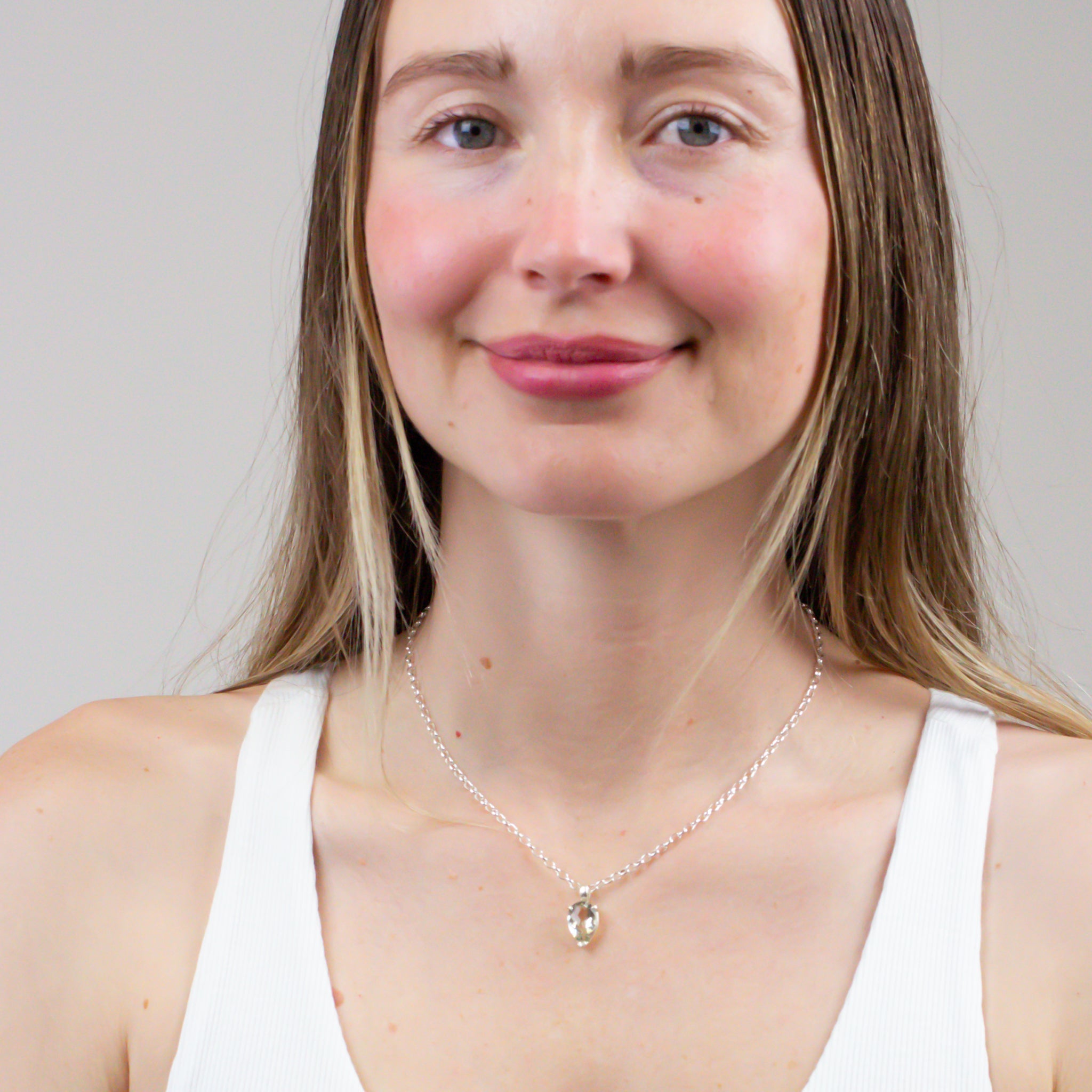 FACETED TEAR GREEN QUARTZ NECKLACE ON MODEL