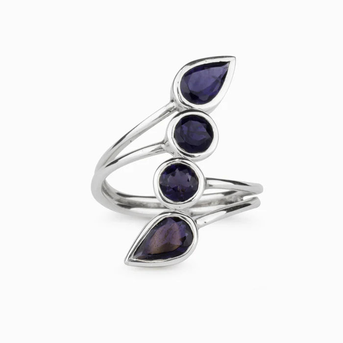 FACETED TEAR IOLITE BEZEL RING VINE STERLING SILVER