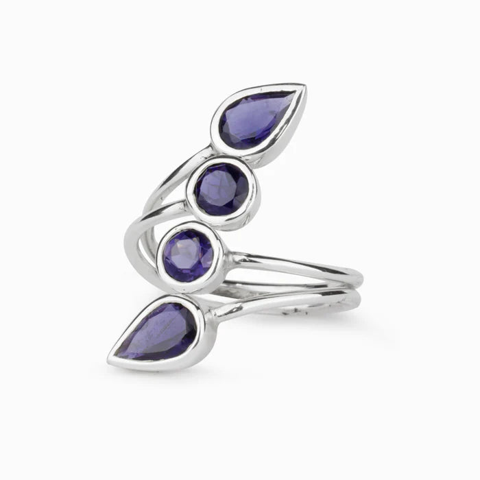 FACETED TEAR IOLITE BEZEL RING VINE STERLING SILVER