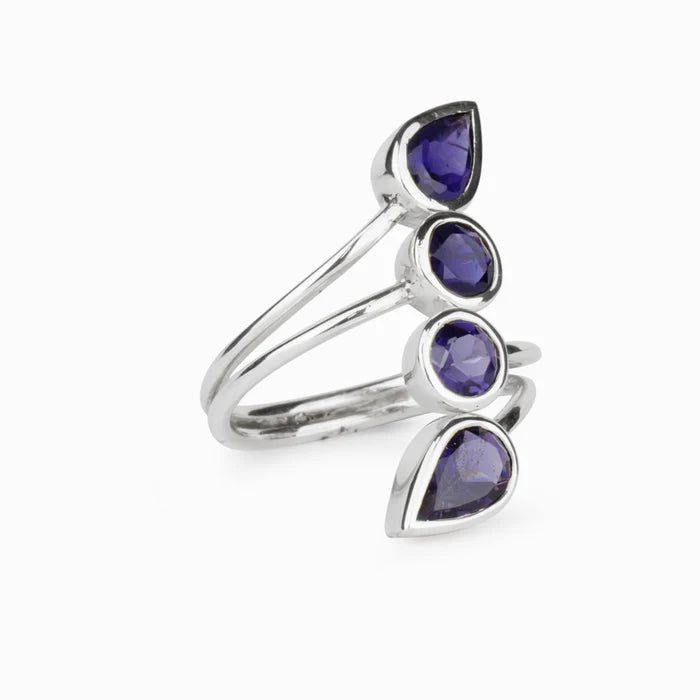 FACETED TEAR IOLITE BEZEL RING VINE STERLING SILVER