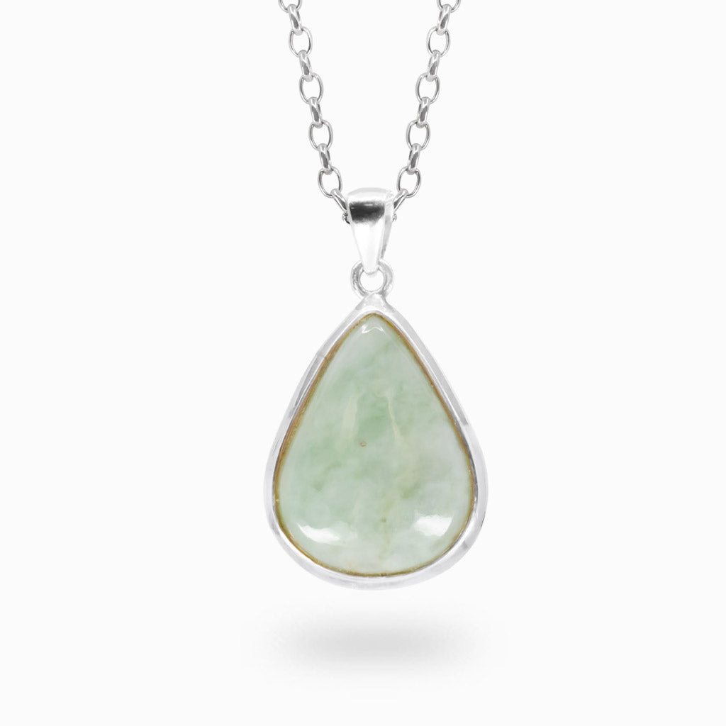 Pear-shaped pale green Jadeite cabochon pendant set in polished 925 sterling silver.