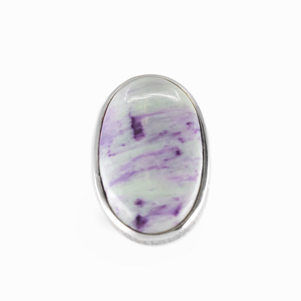 Oval Kammererite cabochon statement ring in polished sterling silver.