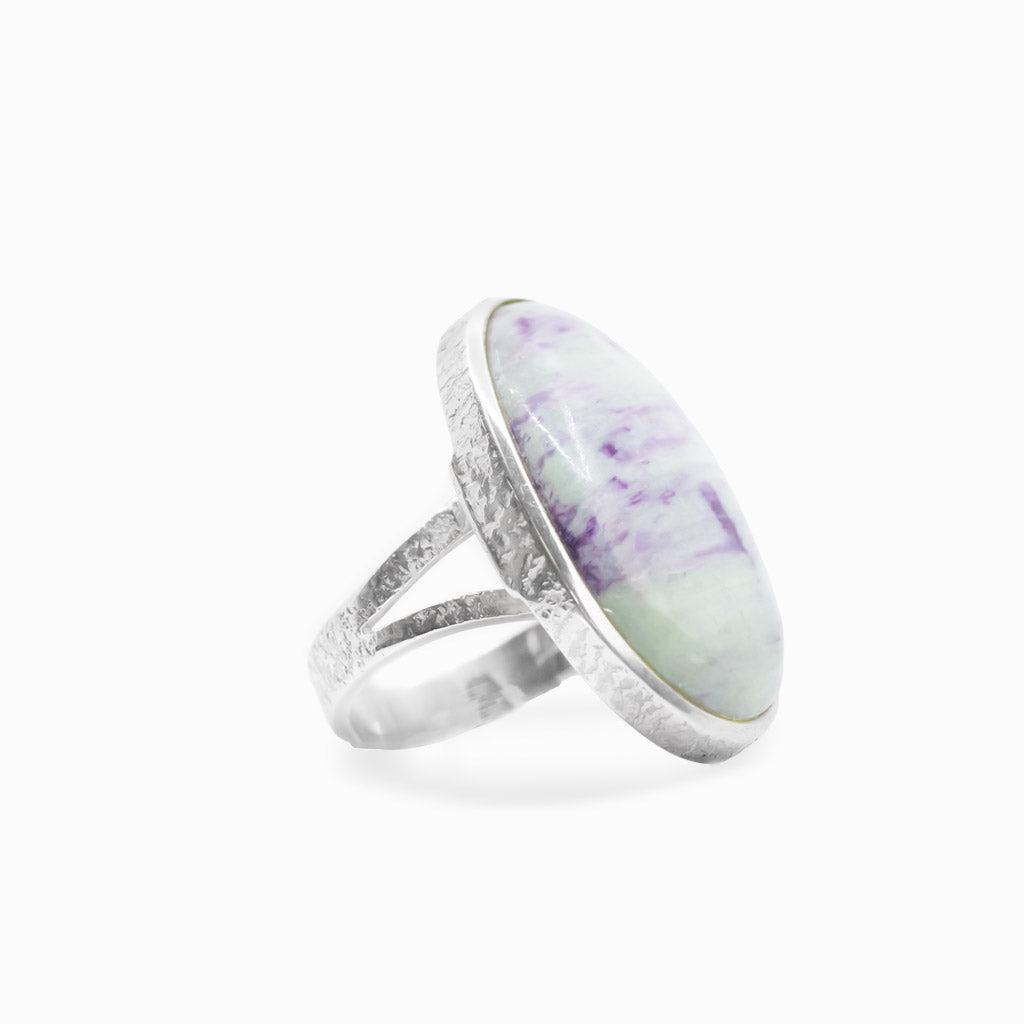 Oval Kammererite cabochon statement ring in polished sterling silver.