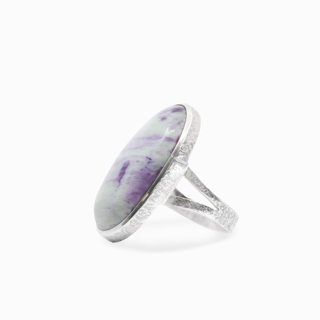 Oval Kammererite cabochon statement ring in polished sterling silver.