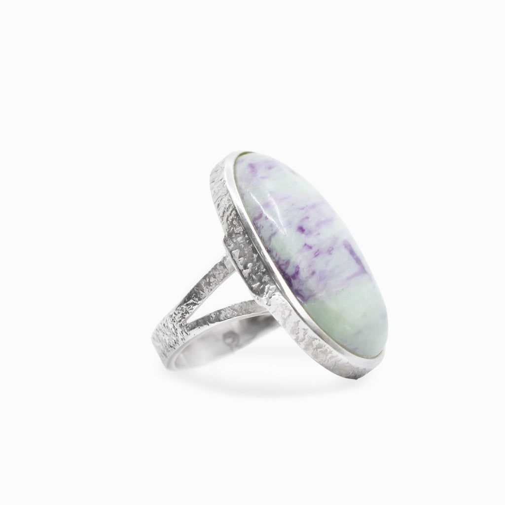Oval Kammererite cabochon statement ring in polished sterling silver.