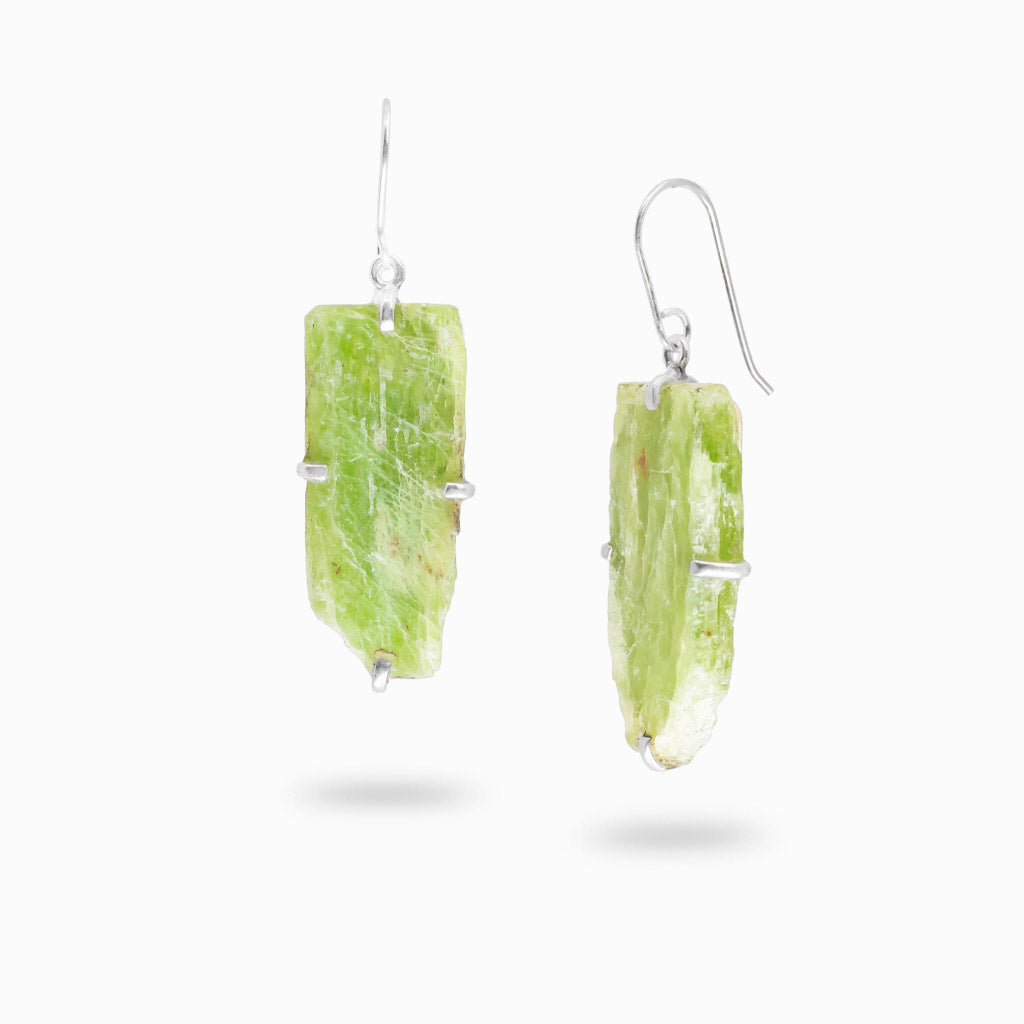 Sterling silver drop earrings featuring natural raw Green Kyanite crystals in handcrafted prong settings.