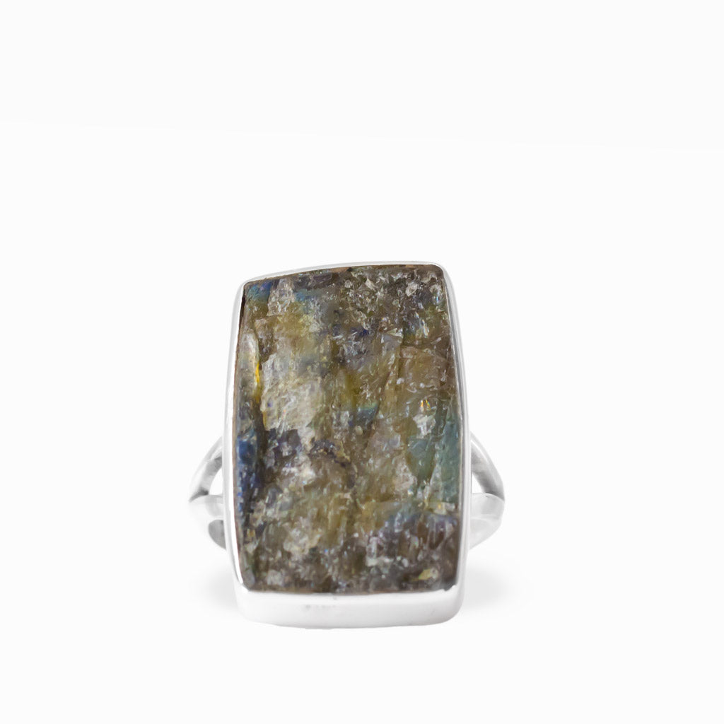 Rectangular Labradorite ring with earthy gray, gold, and blue-green flashes, polished sterling silver bezel setting, and split band.