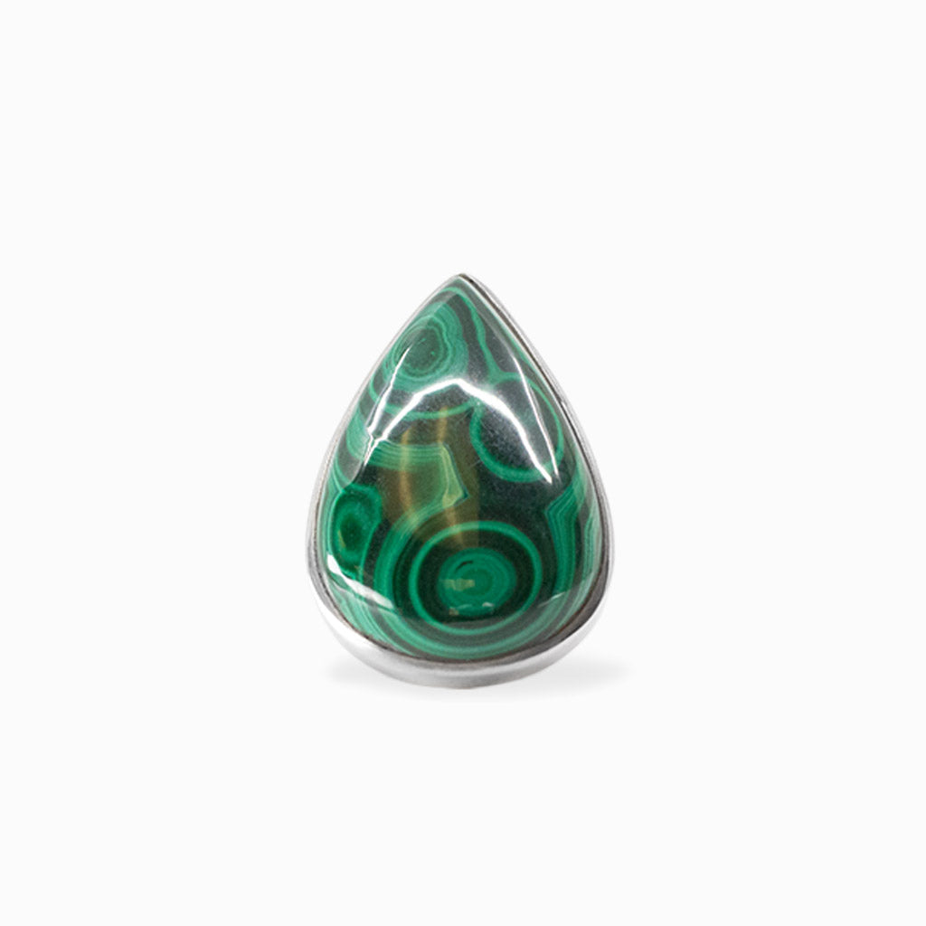 Teardrop Malachite cabochon with vivid concentric green banding set in 925 sterling silver.