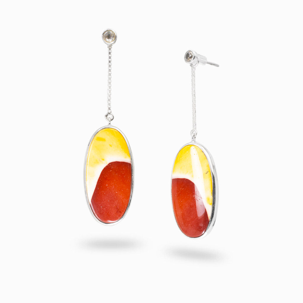 Sterling silver stud drop earrings featuring Mookaite Jasper and Clear Quartz cabochons.