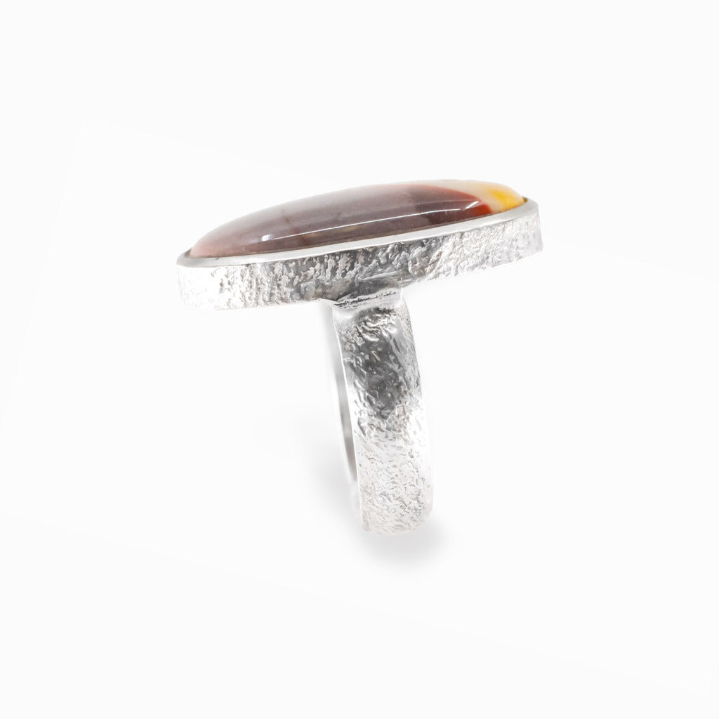 Oval Mookaite cabochon sterling silver statement ring with natural earthy colors.