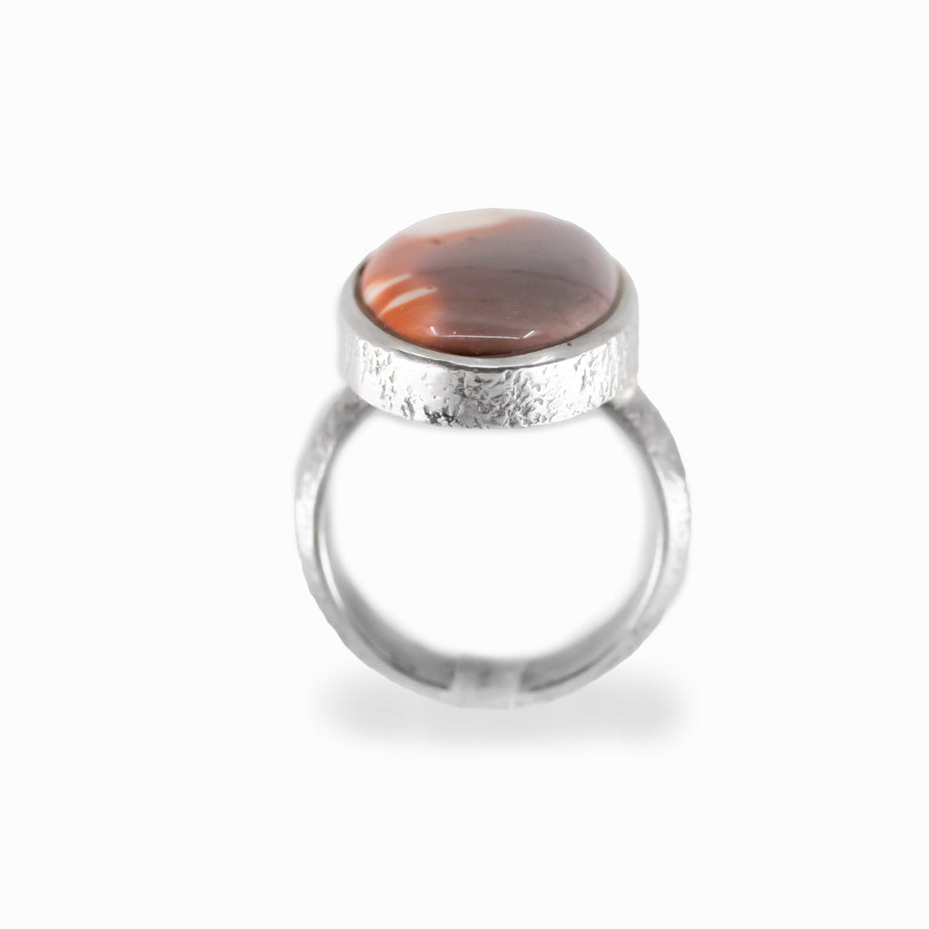 Oval Mookaite cabochon sterling silver statement ring with natural earthy colors.