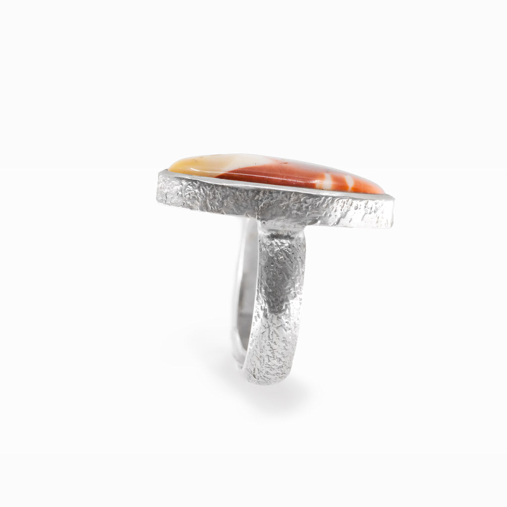 Oval Mookaite cabochon sterling silver statement ring with natural earthy colors.