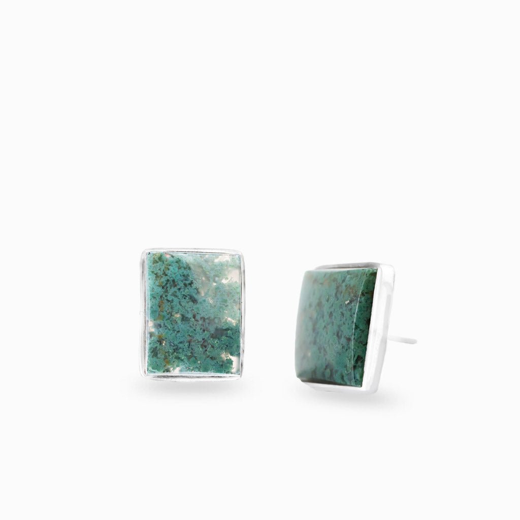 Sterling silver stud earrings featuring square Moss Agate cabochons.