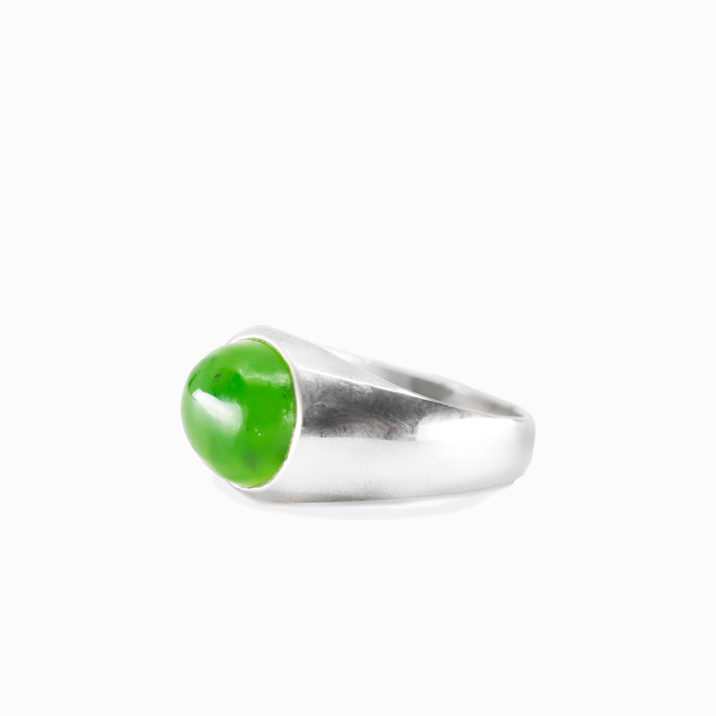 Round nephrite jade cabochon ring in sterling silver