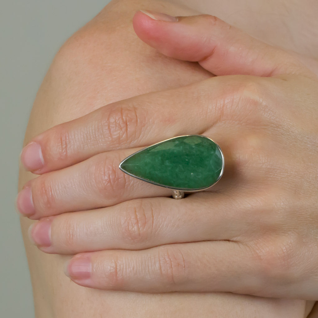 Faceted green aventurine ring on model