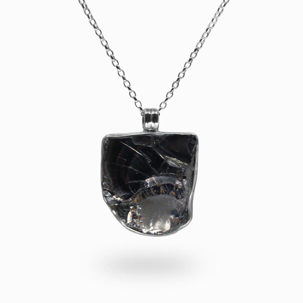 RAW SHUNGHITE ORG BEZEL NECKLACE STERLING SILVER