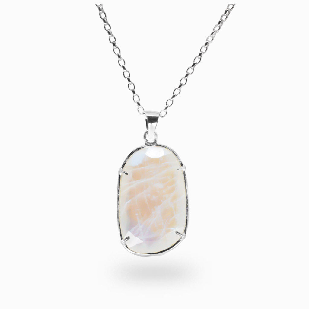FACETED RAINBOW MOONSTONE NECKLACE IN STERLING SILVER CLAW