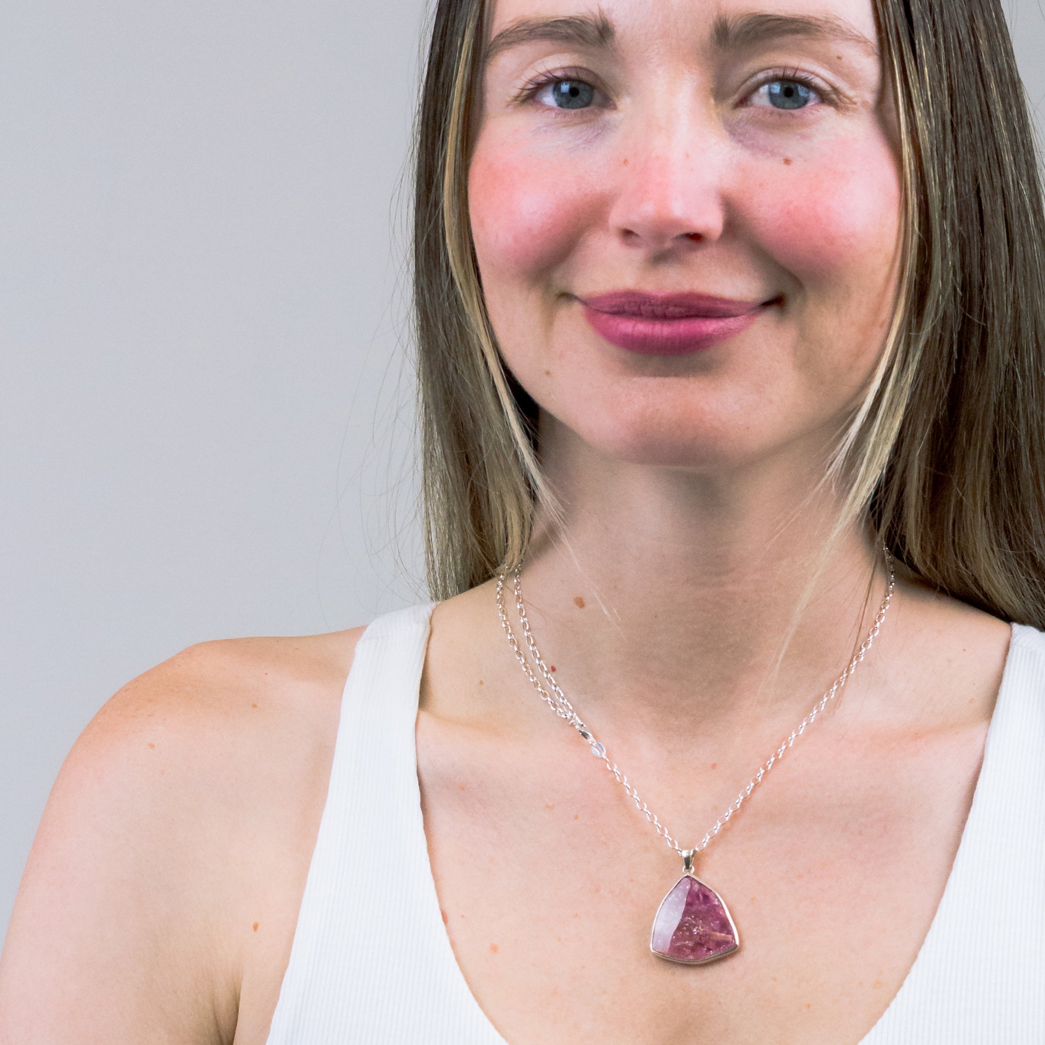 PINK TOURMALINE NECKLACE STERLING SILVER ON MODEL | MADE IN EARTH
