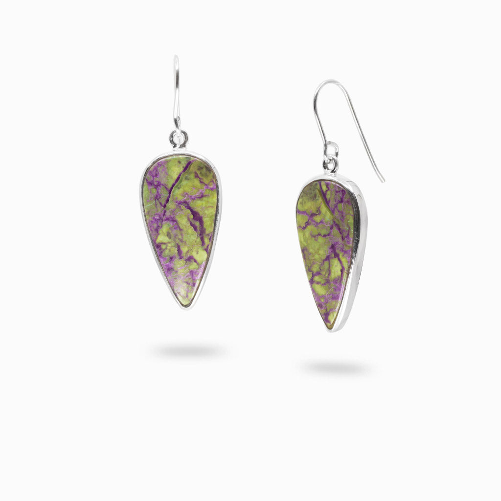 Purple Purpurite elongated teardrop cabochon earrings set in sterling silver.
