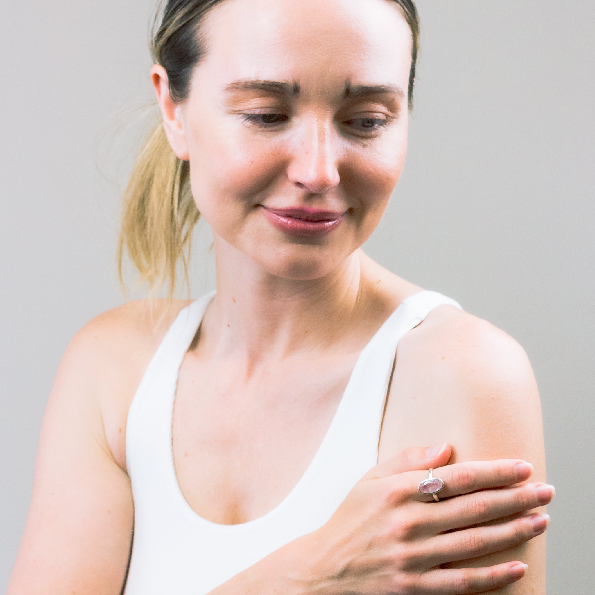 FACETED MORGANITE RING ON MODEL