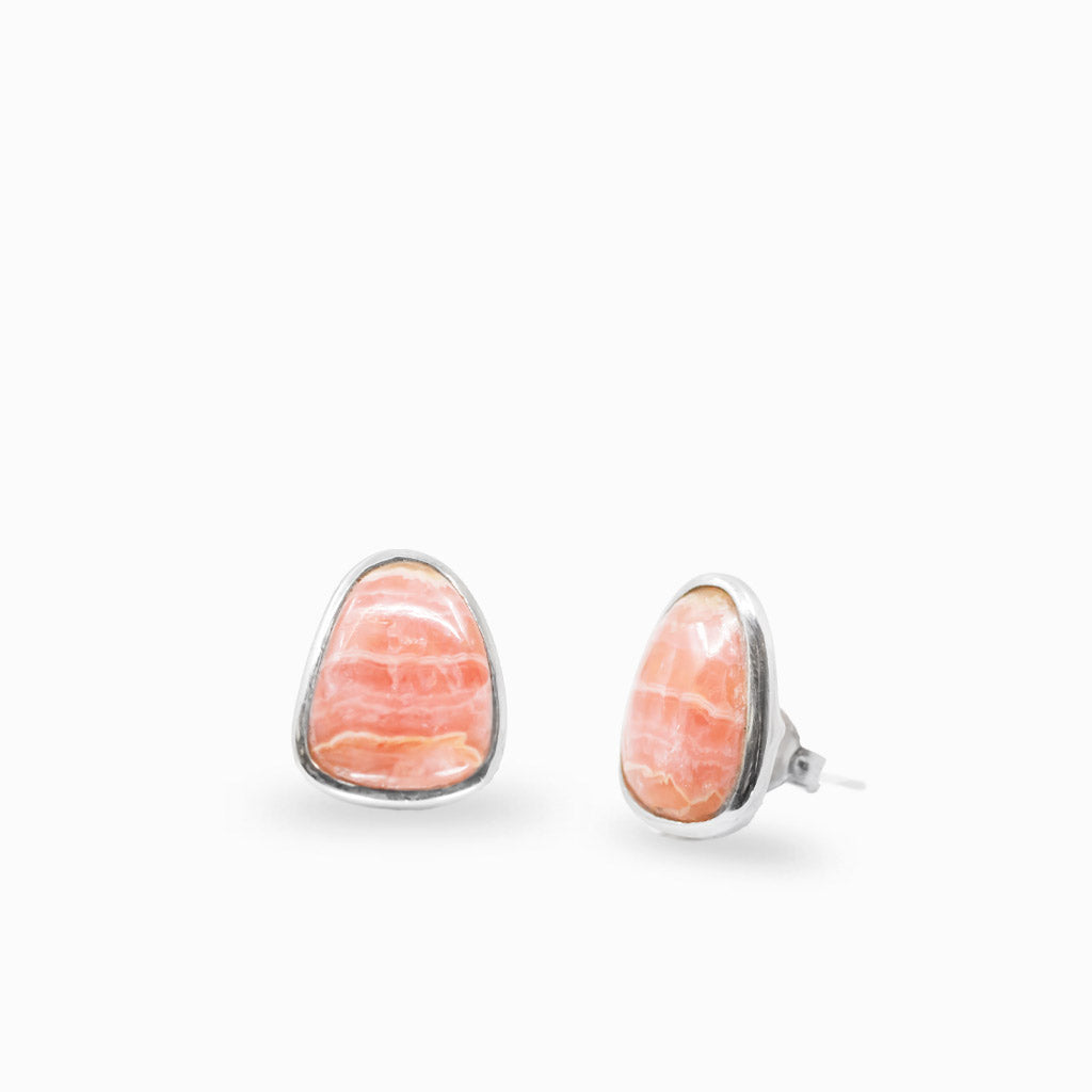 XRhodochrosite cabochon stud earrings in sterling silver