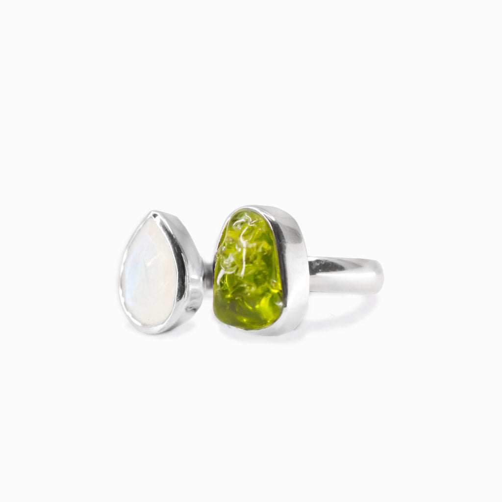 Peridot and rainbow moonstone ring with raw and faceted stones in sterling silver