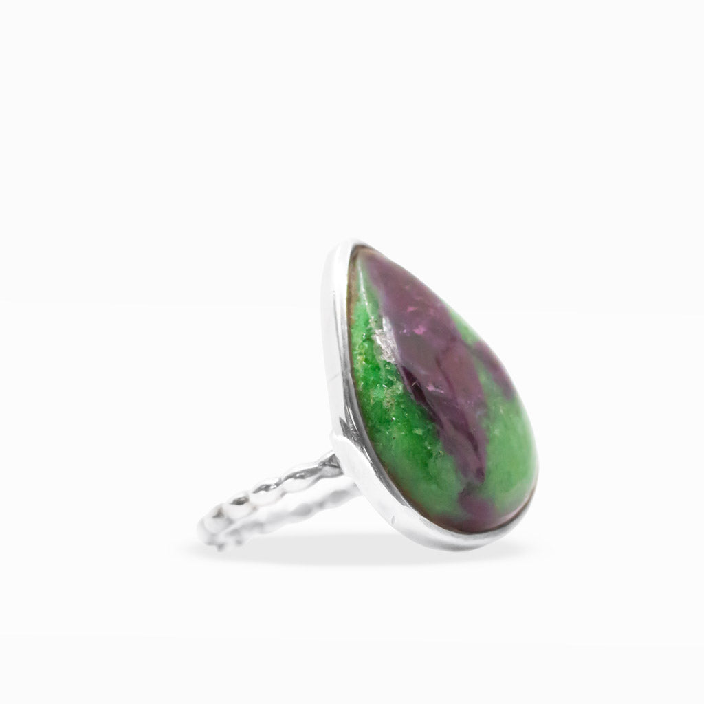Pear-shaped Ruby Zoisite ring with vivid green Zoisite and deep purple-red Ruby inclusions in polished sterling silver bezel setting.