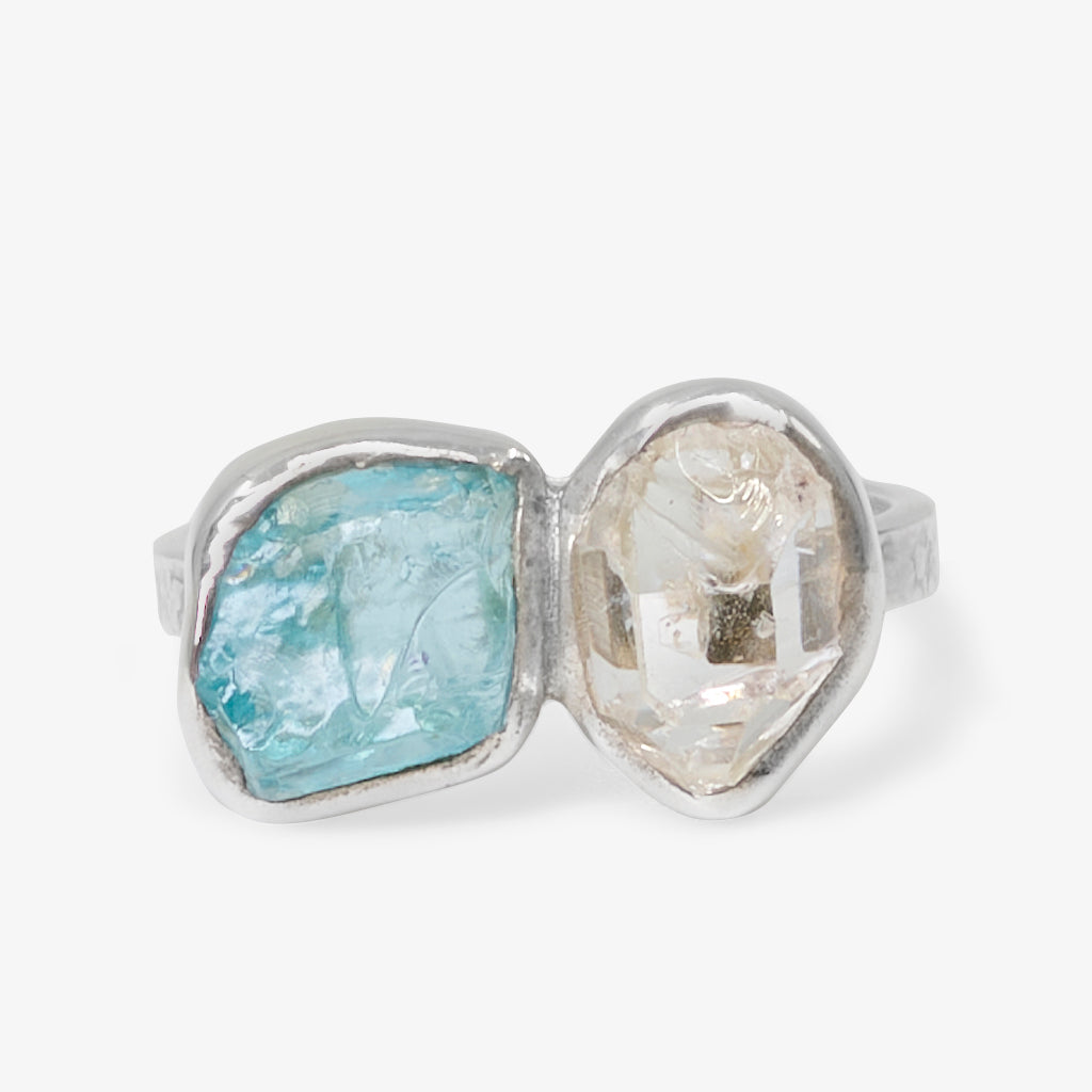 RAW ORGANIC APATITE AND HERKIMER DIAMOND RING