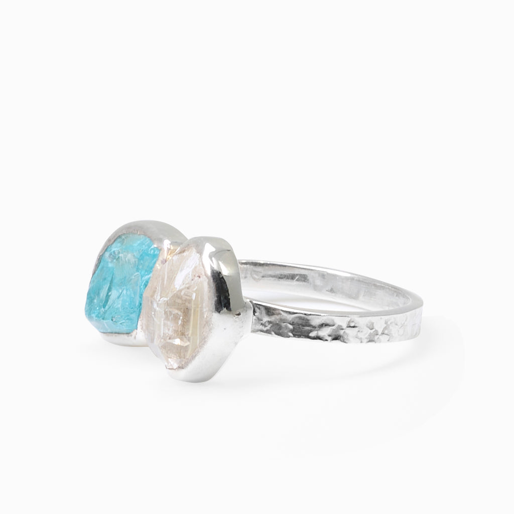 RAW ORGANIC APATITE AND HERKIMER DIAMOND RING