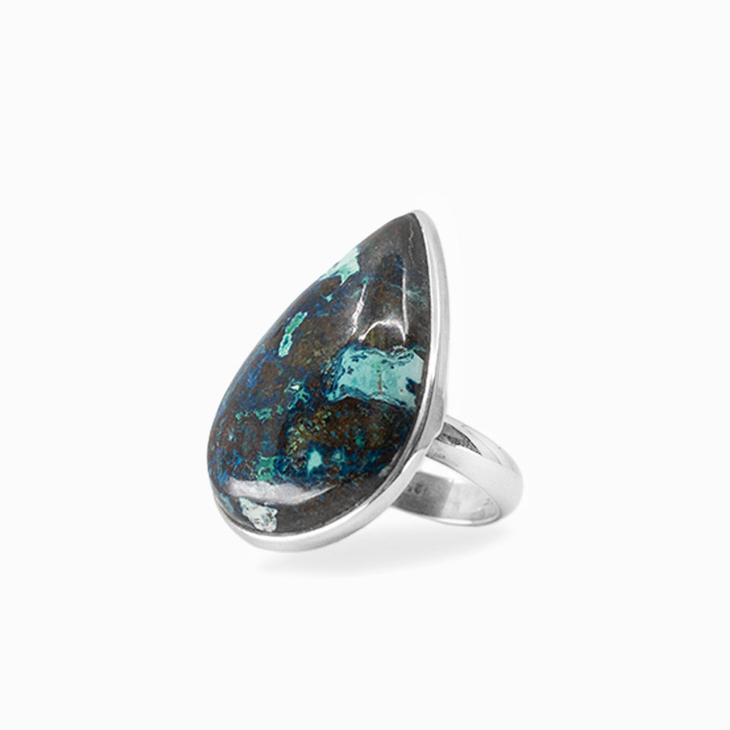 Teardrop Shattuckite cabochon with vivid blue, turquoise and brown patterning set in 925 sterling silver.