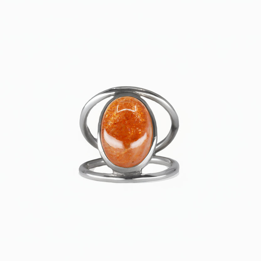 CABOCHON SUNSTONE OVAL BEZEL HALO RING STERLING SILVER | MADE IN EARTH