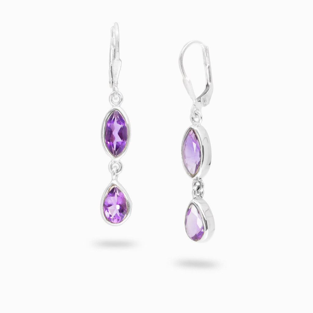 Faceted Amethyst double drop earrings in sterling silver with marquise and pear shaped purple gemstones.