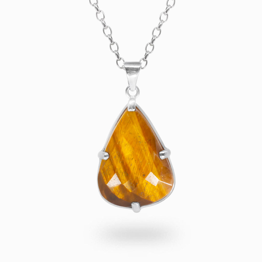 Pear-shaped faceted golden-brown Tiger Eye pendant with a three-prong polished 925 sterling silver setting.