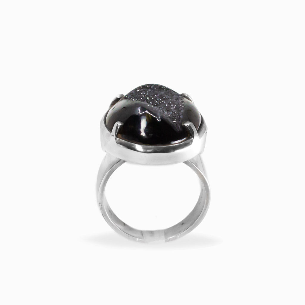 Black Onyx druzy statement ring in polished 925 sterling silver, featuring a sparkling crystal center and grounding, protective energy.