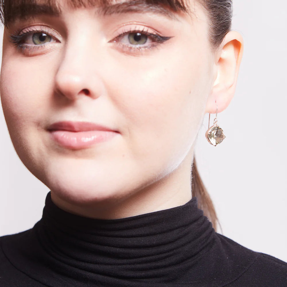 green quartz drop earrings sterling silver square faceted claw set mint green gemstone dangle earrings