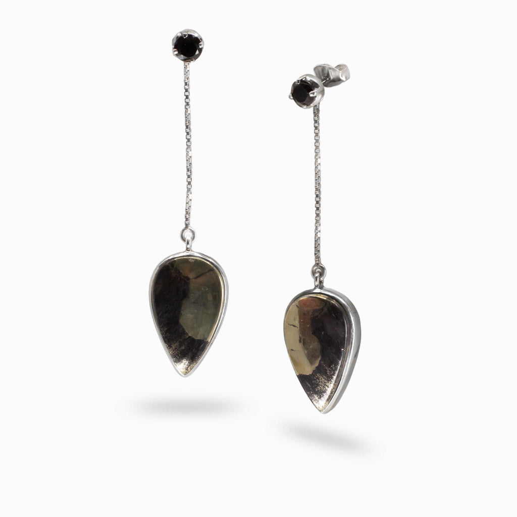 CABACHON TEARDROP APACHE GOLD AND ONYX STUD SET STERLING SILVER | MADE IN EARTH