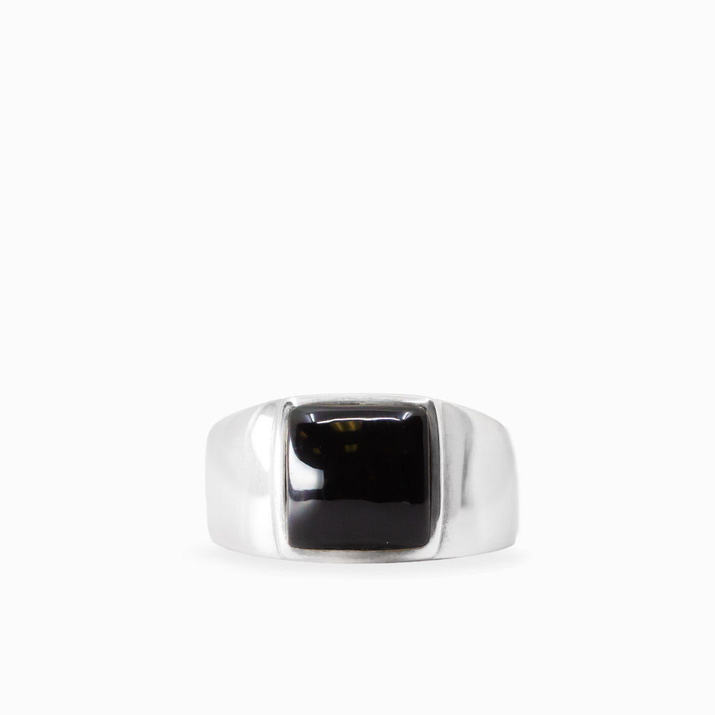 Square polished Black Onyx cabochon set in a substantial 925 sterling silver ring.