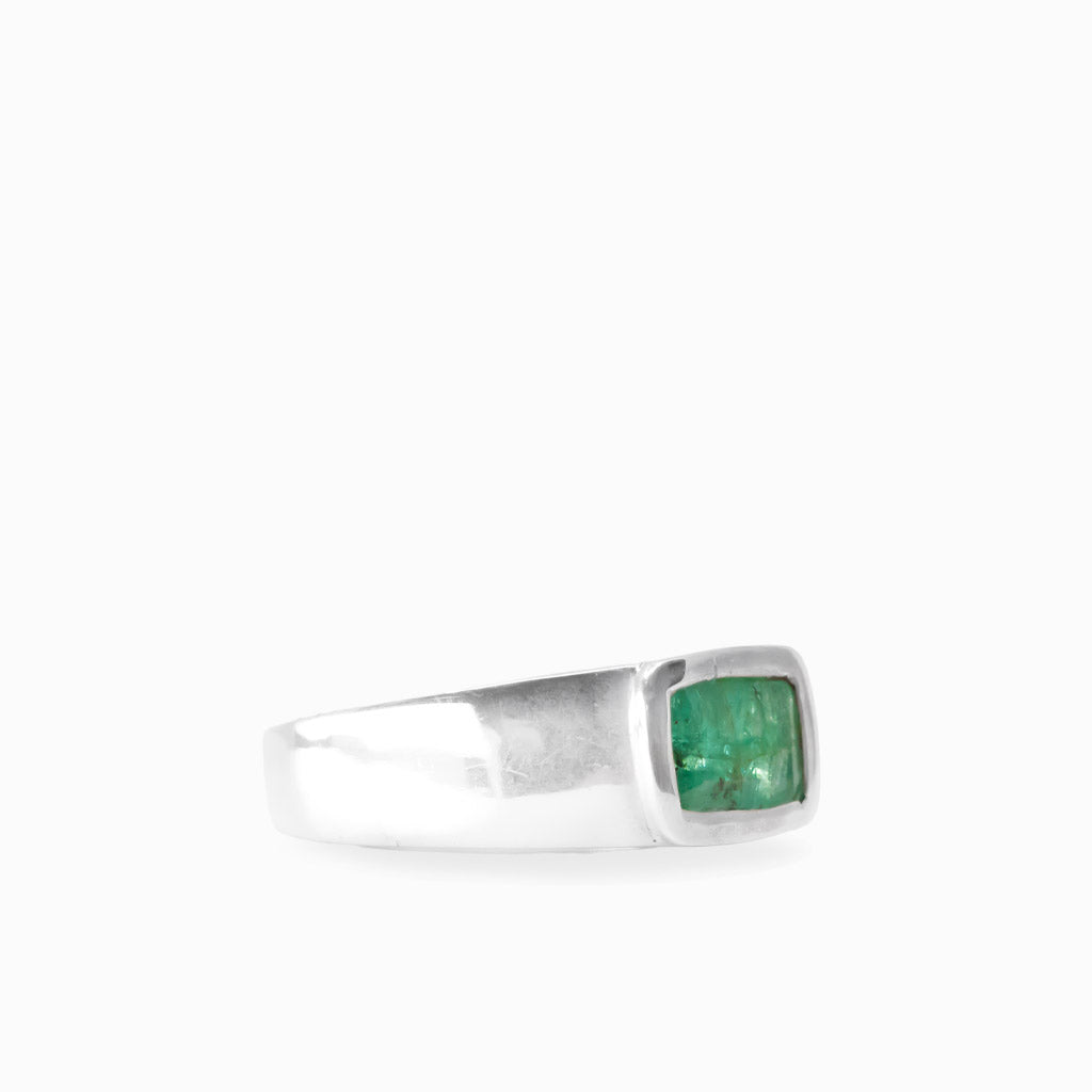 Natural rectangular green Emerald gemstone set in a polished 925 sterling silver ring.