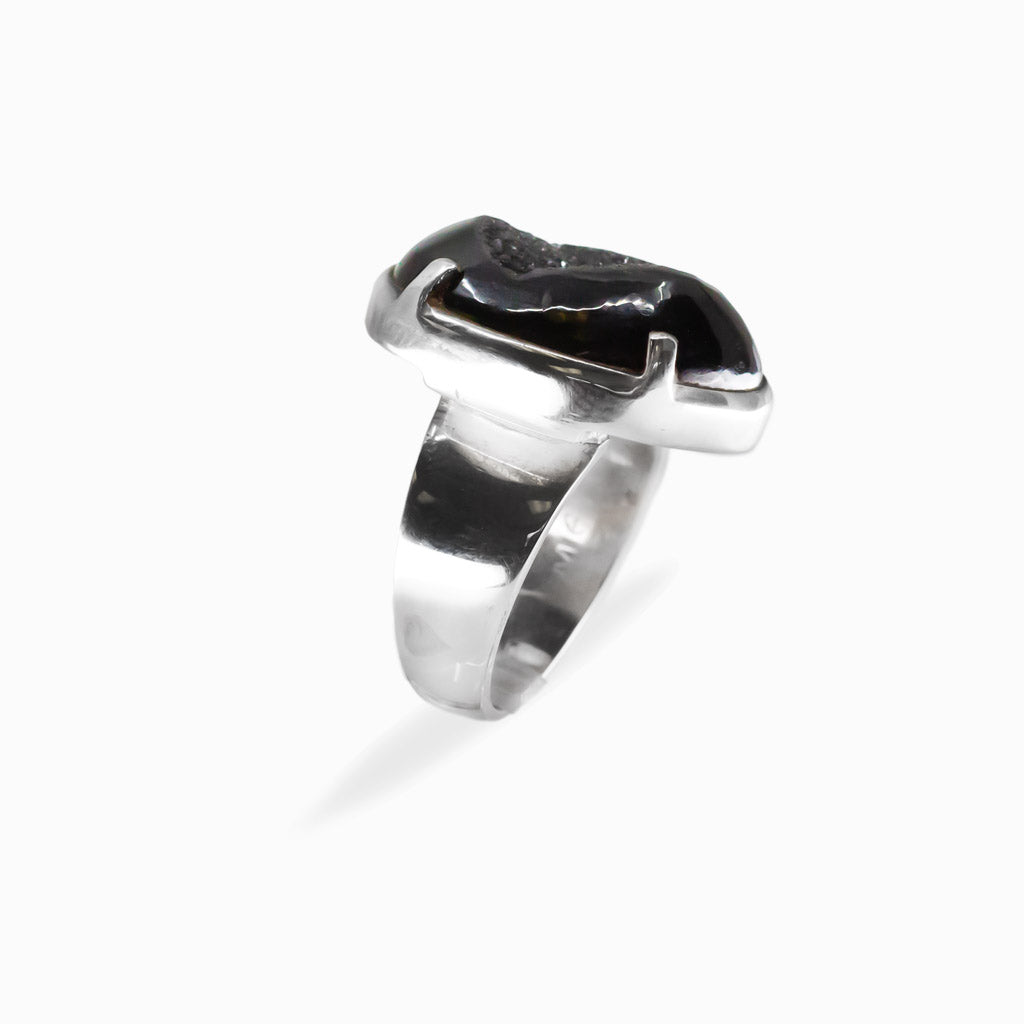Black Onyx druzy statement ring in polished 925 sterling silver, featuring a sparkling crystal center and grounding, protective energy.