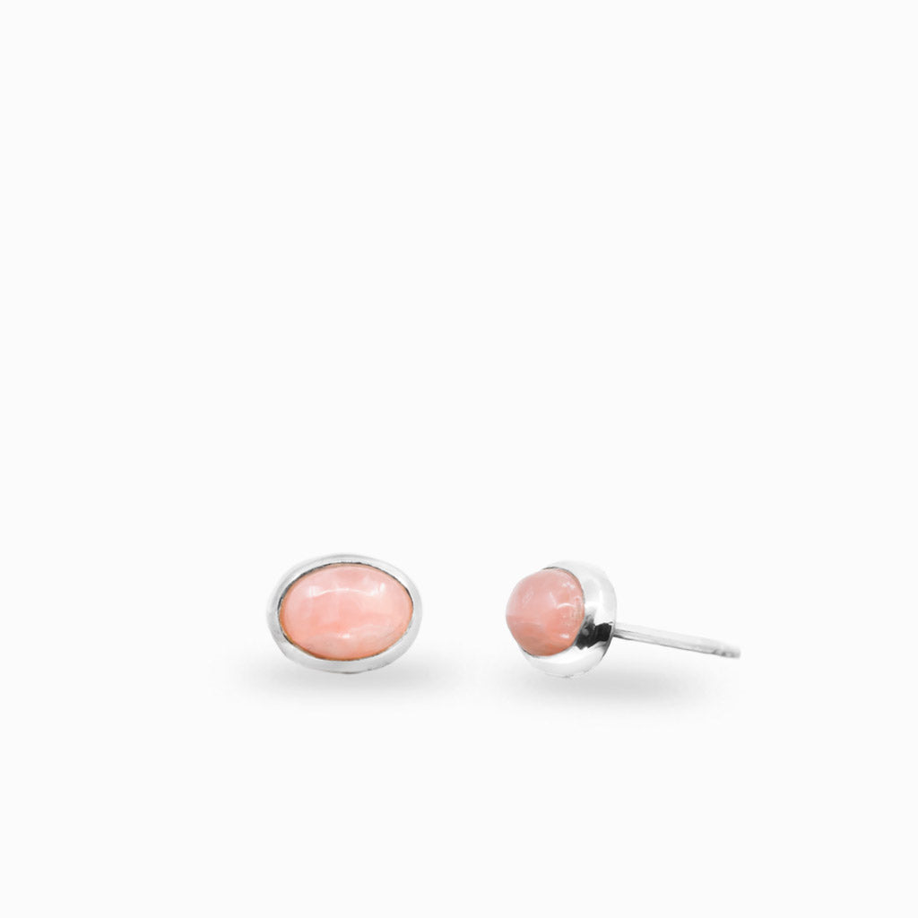 Sterling silver oval stud earrings featuring natural Rhodochrosite gemstones.