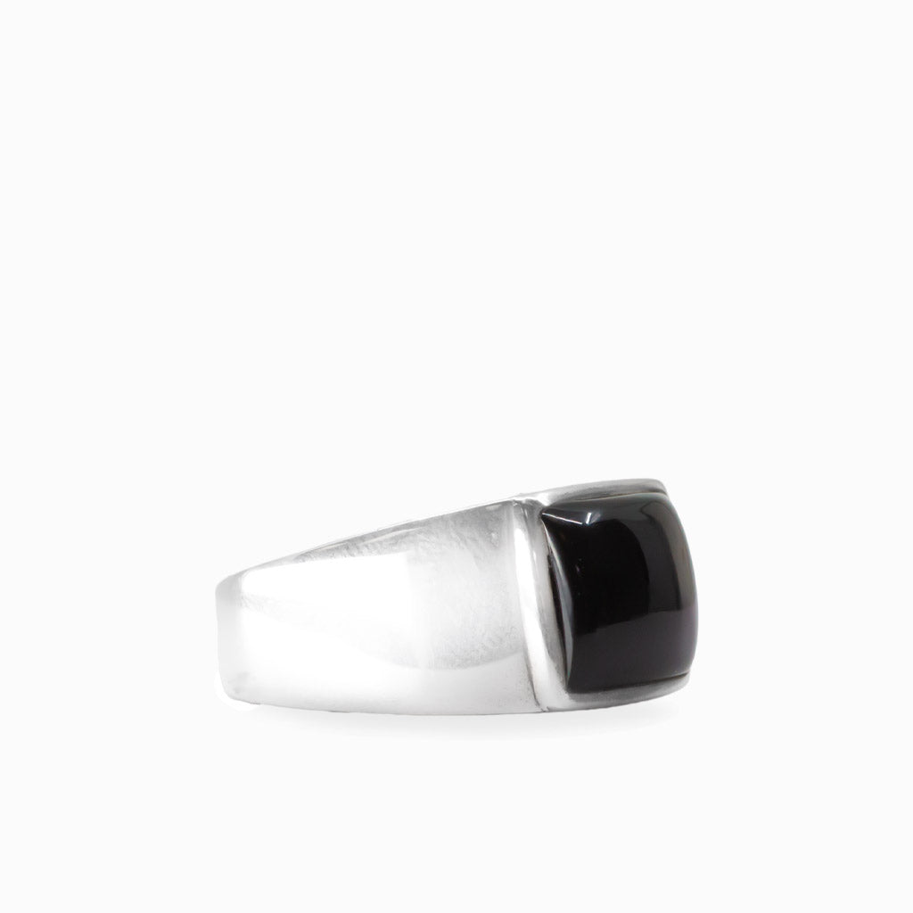 Square polished Black Onyx cabochon set in a substantial 925 sterling silver ring.