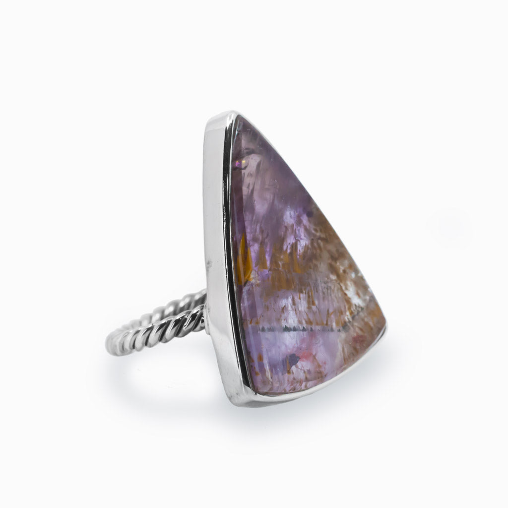 Purple Cacoxenite Triangle Ring in 925 Sterling Silver Rope Band