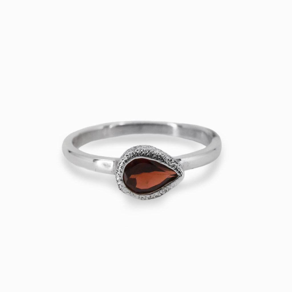 Faceted Teardrop Garnet Ring with Hammered Silver Made In Earth