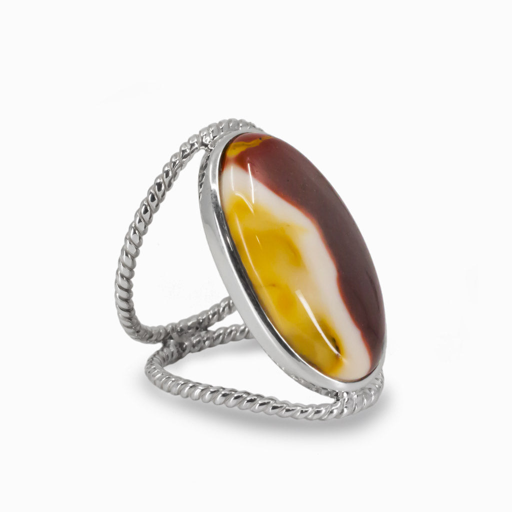 Red & Yellow Oval Cabochon Mookaite Ring Roped Band Made In Earth