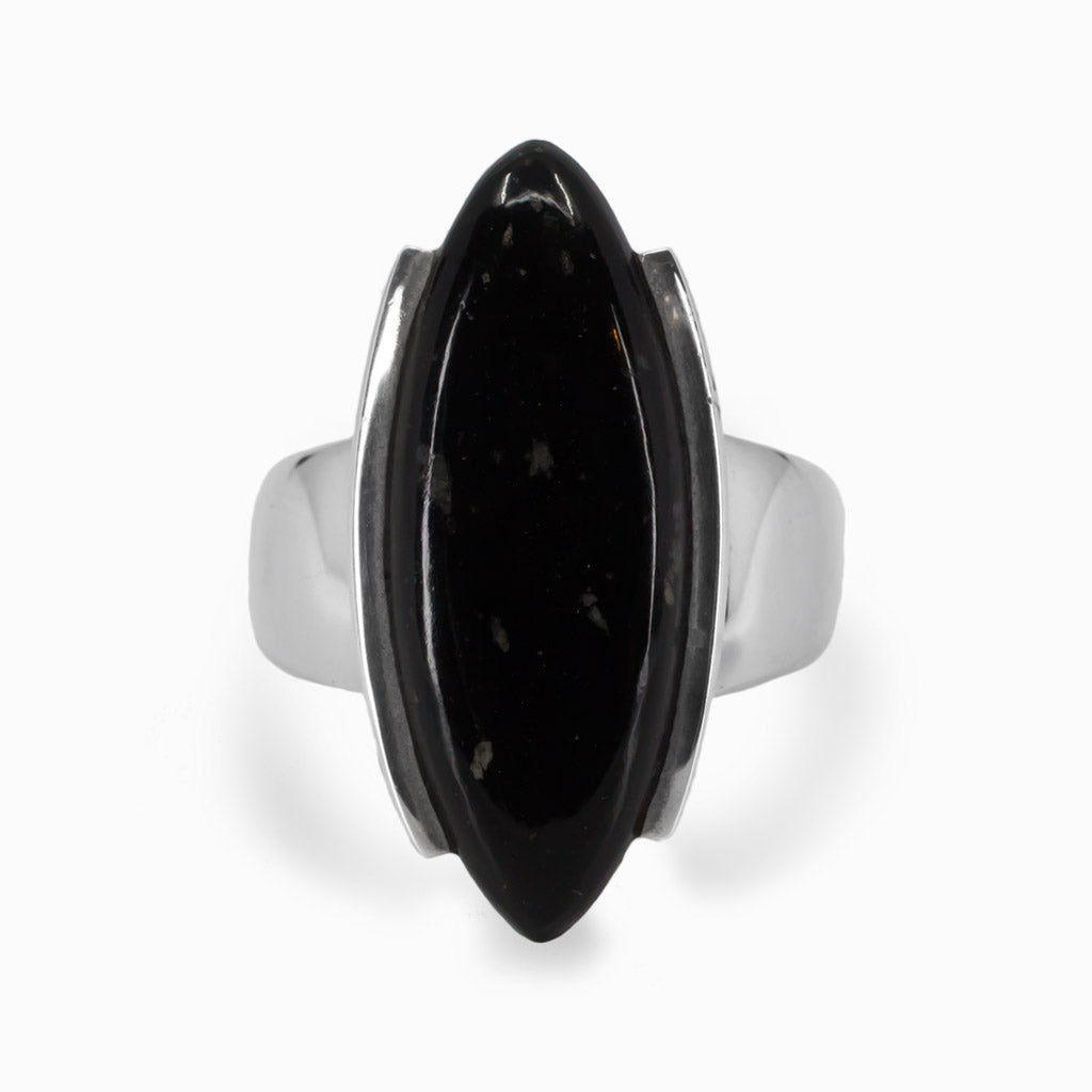 Dark Black Tourmaline Cabochon Marquis Ring in Sterling Silver Made In Earth