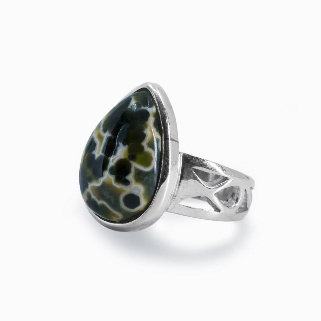 Spotted Teardrop Ocean Spray Agate Cabochon Ring in Sterling Silver Filigree