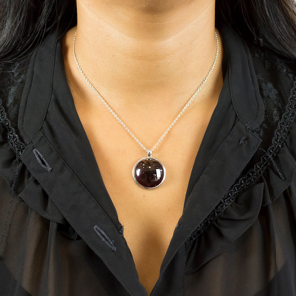 Round Cabochon Garnet Necklace On Model Made in Earth