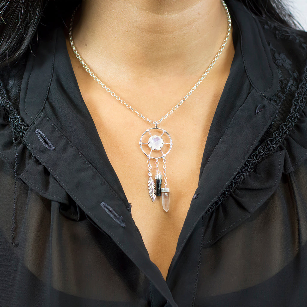 Rainbow Moonstone, Black Tourmaline & Laser Quartz Dreamcatcher Necklace Made In Earth On Model