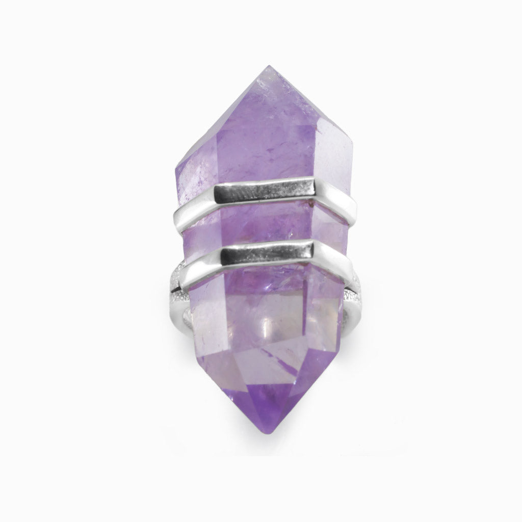Raw Amethyst Point Ring set in Silver bands Made in Earth
