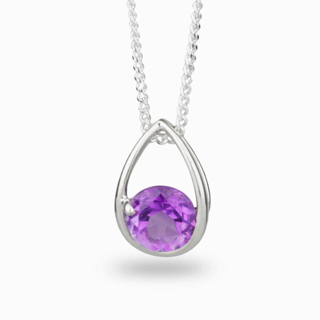 ROUND PURPLE FACETED STERLING SILVER TEAR AMETHYST NECKLACE